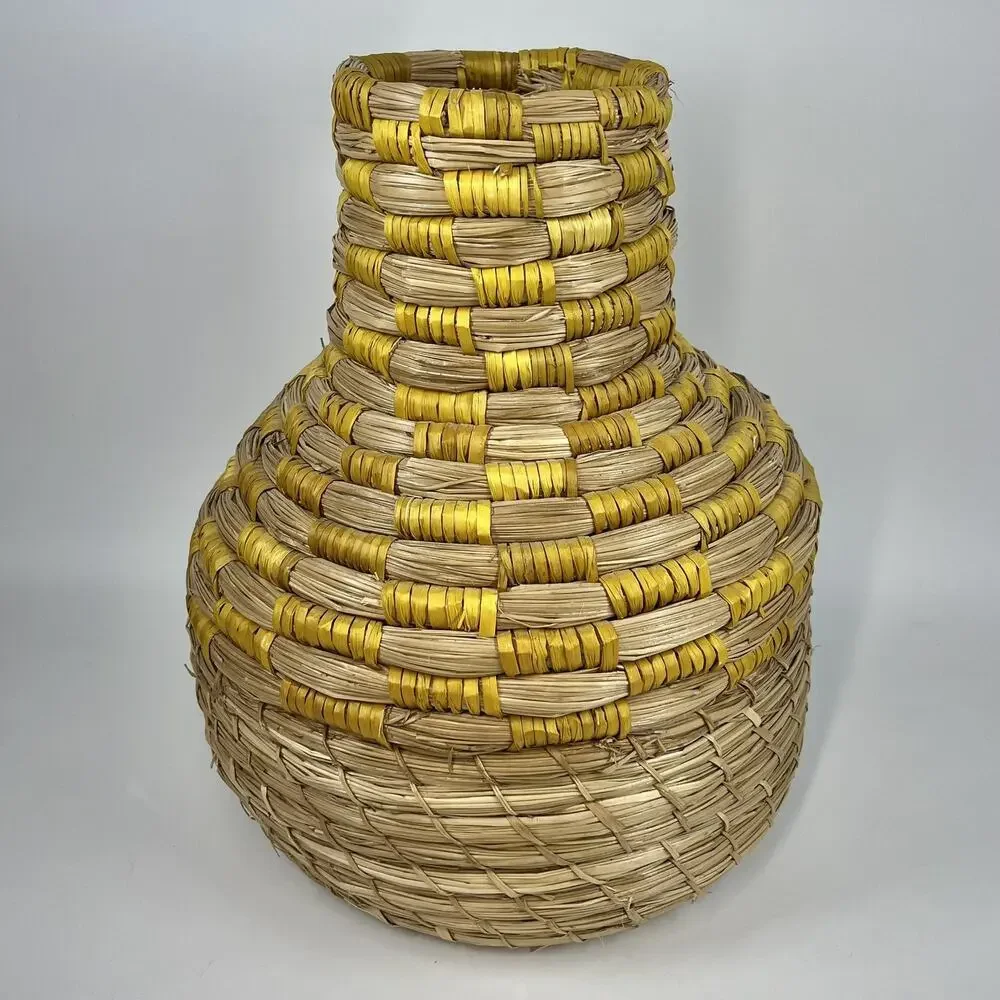 Wicker Coiled Bottleneck Vase 14.5” Floor Tabletop Boho Decor Yellow Stripe